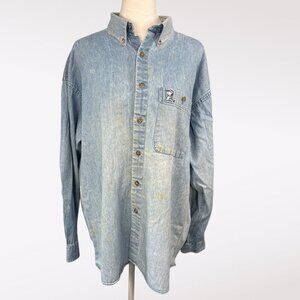 Vintage Snoopy & Friends Denim Button Up Shirt Long Sleeve 100% Cotton Large